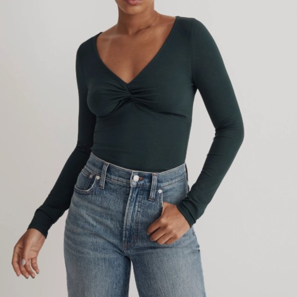 Madewell Twist-Front Long-Sleeve Tee in Ancient Forest (Size XS) - Picture 1 of 9